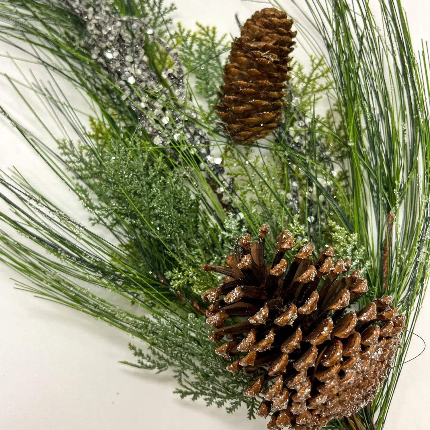 Long Needle Pine, Icy Faux Twig & Pinecone Decorative Winter Pick Spray - 24"